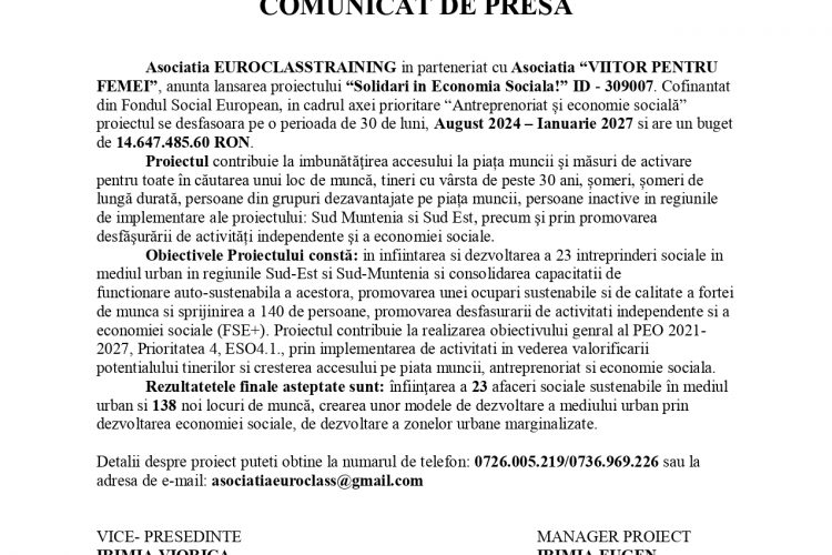 Proiect “Solidari in Economia Sociala!” ID – 309007